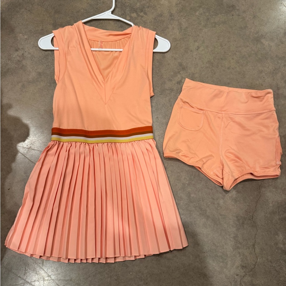 Free People Peach Mini Dress with Striped Waistband